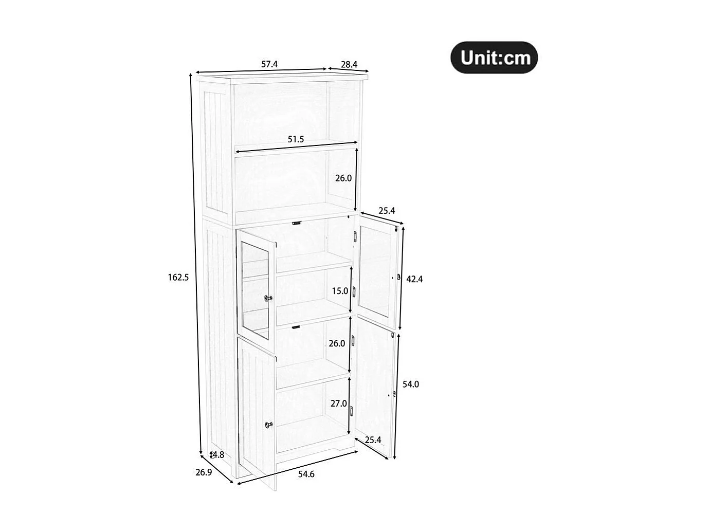 Colonne salle de bain peinture résistante à l'humidité porte vitrée porte en bois deux compartiments ouverts cloisons réglables blanc