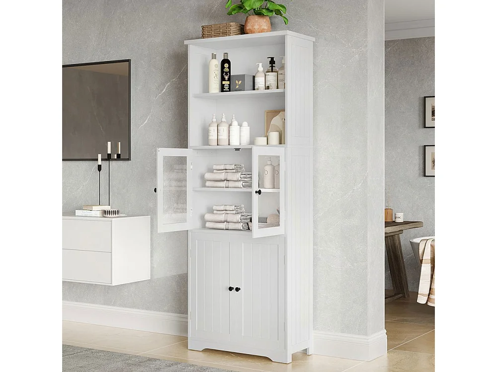 Colonne salle de bain peinture résistante à l'humidité porte vitrée porte en bois deux compartiments ouverts cloisons réglables blanc