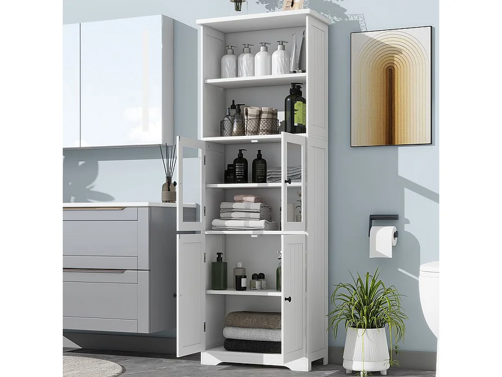 Colonne salle de bain peinture résistante à l'humidité porte vitrée porte en bois deux compartiments ouverts cloisons réglables blanc