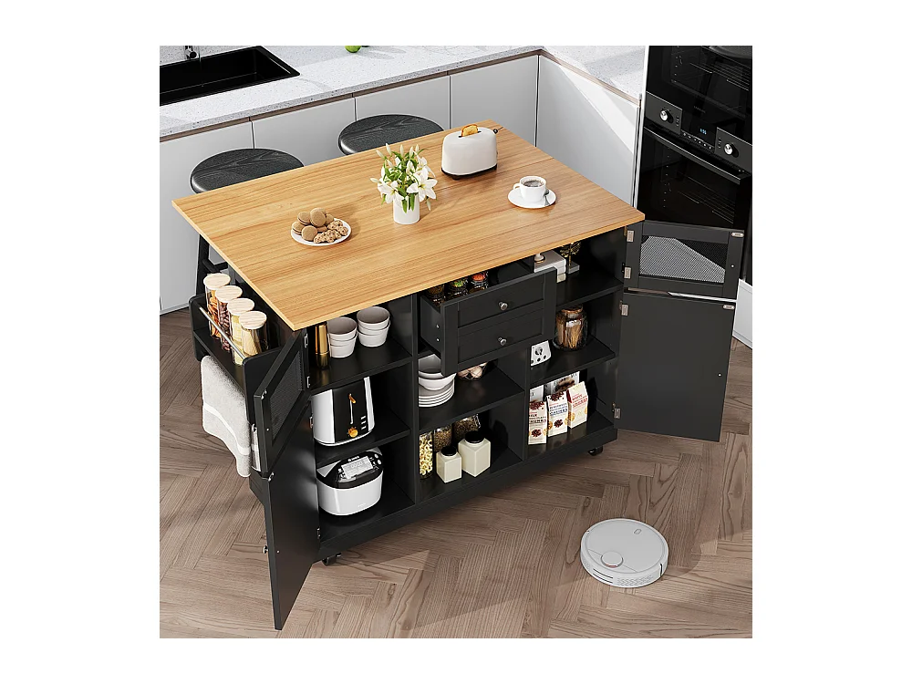 Buffet de cuisine veinure bois porte-serviettes latéral portes darmoire tridimensionnelles roulettes cloisons réglables noir