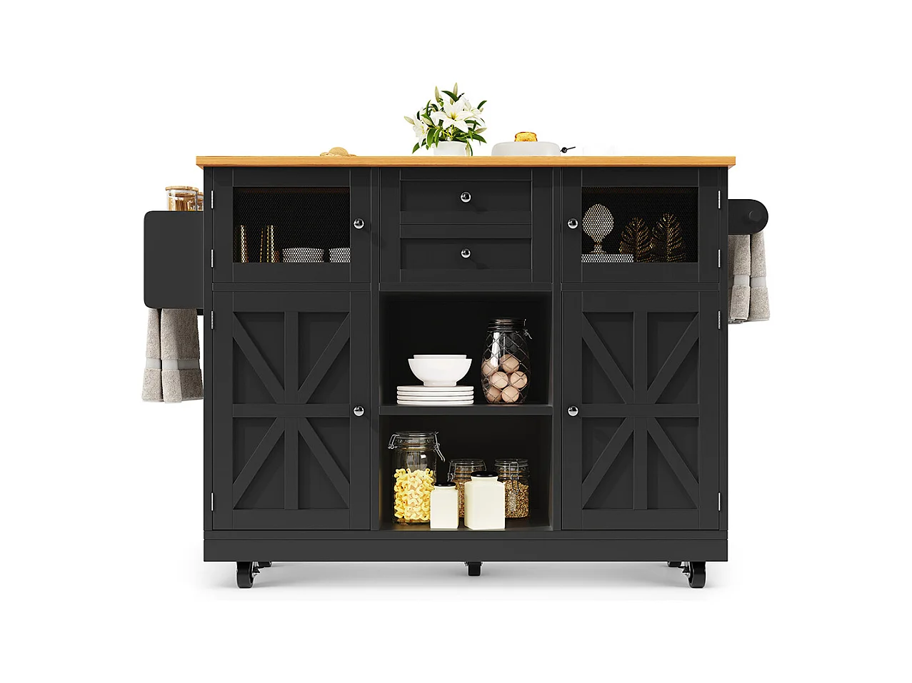 Buffet de cuisine veinure bois porte-serviettes latéral portes darmoire tridimensionnelles roulettes cloisons réglables noir