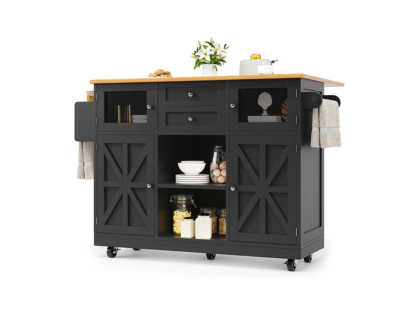 Buffet de cuisine veinure bois porte-serviettes latéral portes darmoire tridimensionnelles roulettes cloisons réglables noir