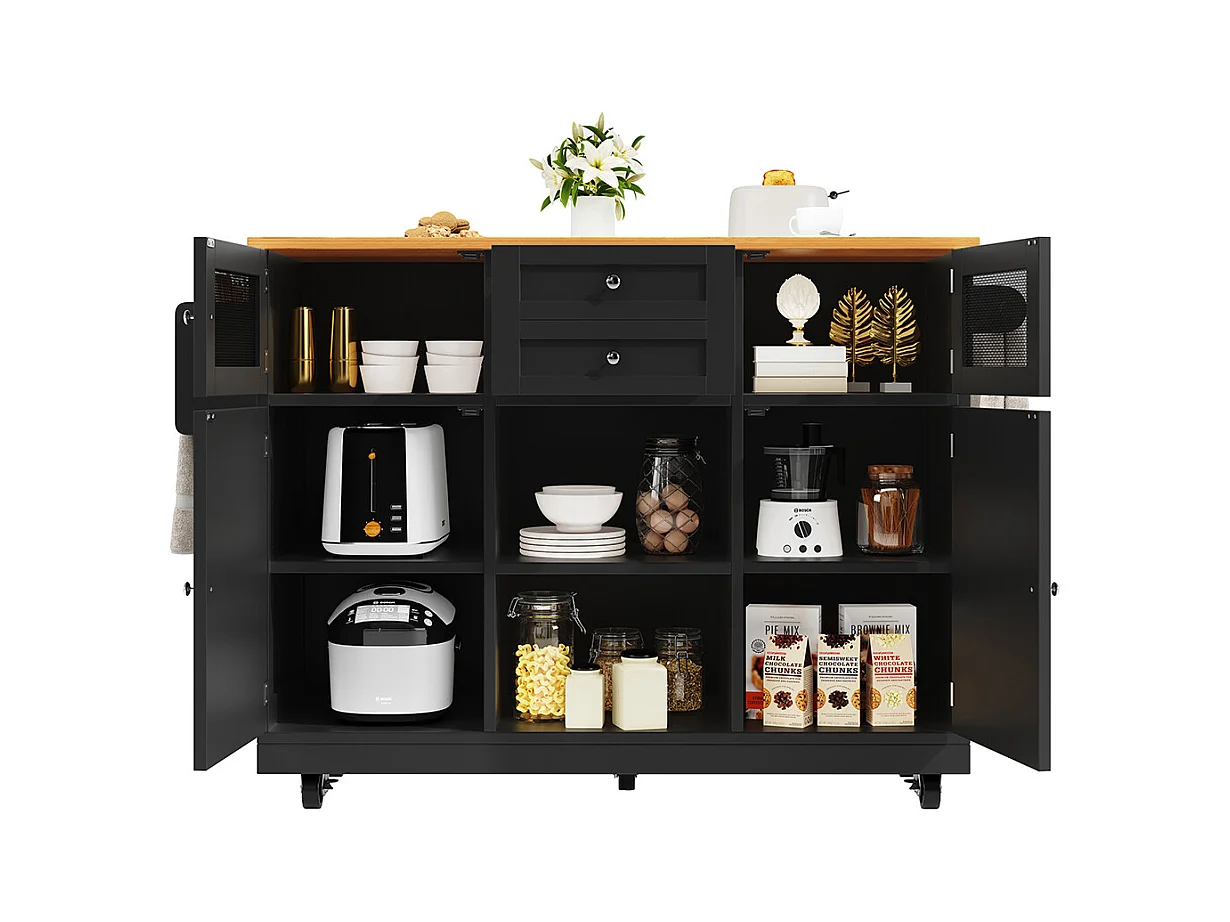 Buffet de cuisine veinure bois porte-serviettes latéral portes darmoire tridimensionnelles roulettes cloisons réglables noir
