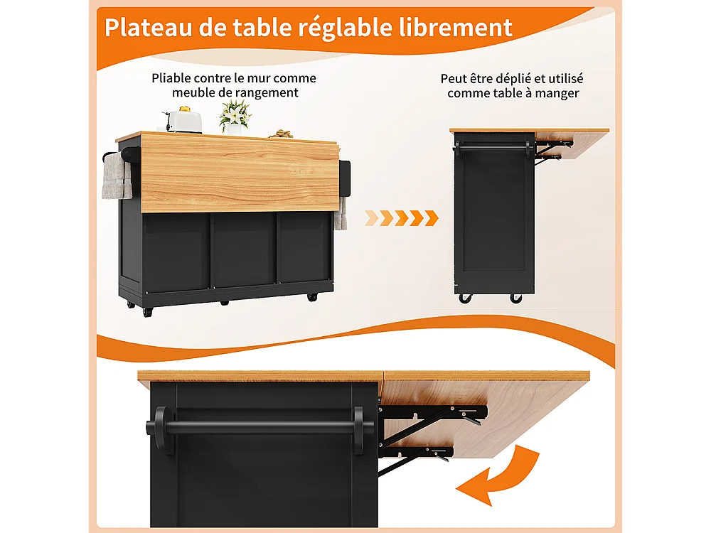 Buffet de cuisine veinure bois porte-serviettes latéral portes darmoire tridimensionnelles roulettes cloisons réglables noir