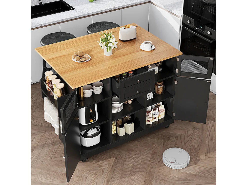 Buffet de cuisine veinure bois porte-serviettes latéral portes darmoire tridimensionnelles roulettes cloisons réglables noir