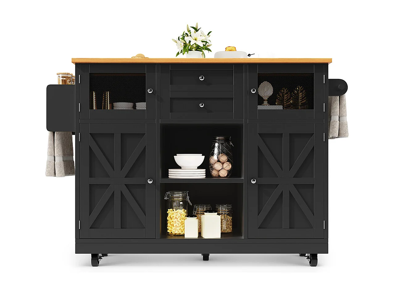 Buffet de cuisine veinure bois porte-serviettes latéral portes darmoire tridimensionnelles roulettes cloisons réglables noir