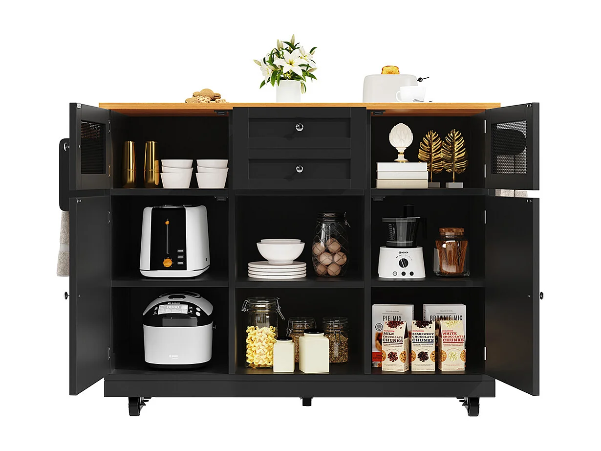 Buffet de cuisine veinure bois porte-serviettes latéral portes darmoire tridimensionnelles roulettes cloisons réglables noir