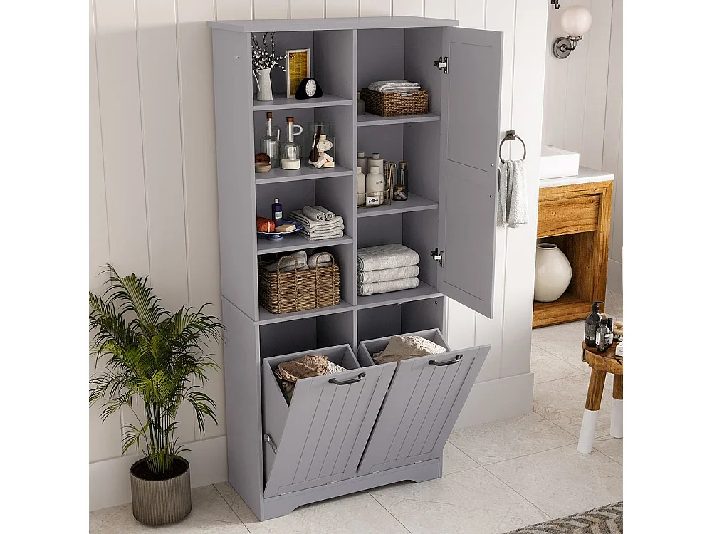 Colonne salle de bain peinture hydrofuge double panier linge quatre casiers ouverts une porte trois casiers etageres reglables grand rangement gris