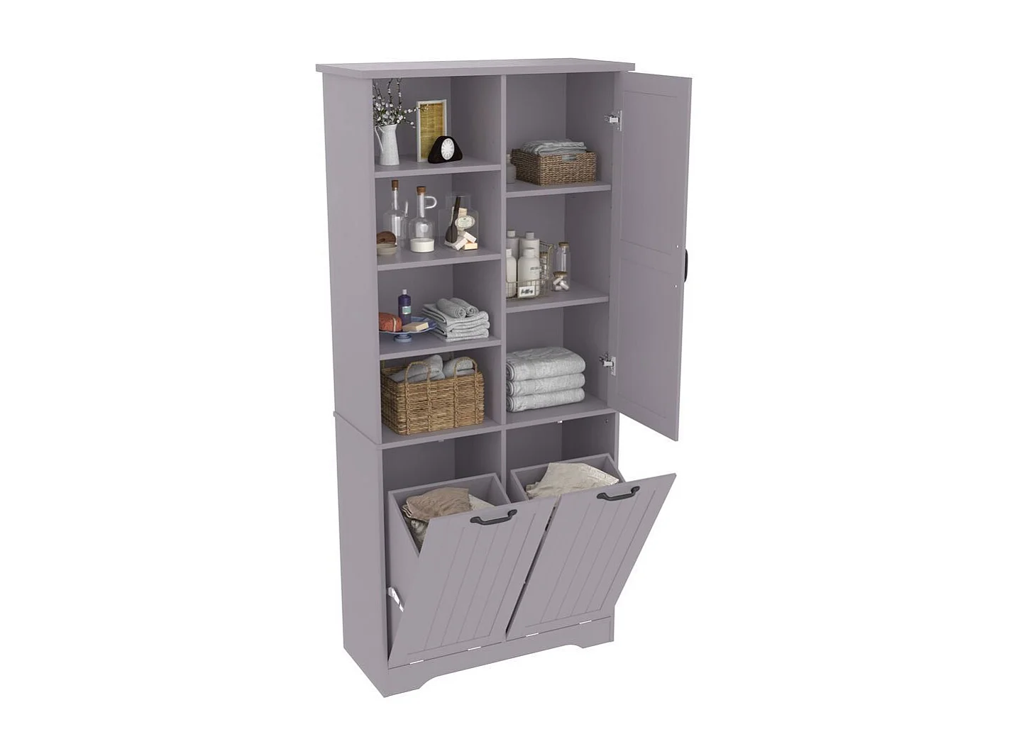 Colonne salle de bain peinture hydrofuge double panier linge quatre casiers ouverts une porte trois casiers etageres reglables grand rangement gris
