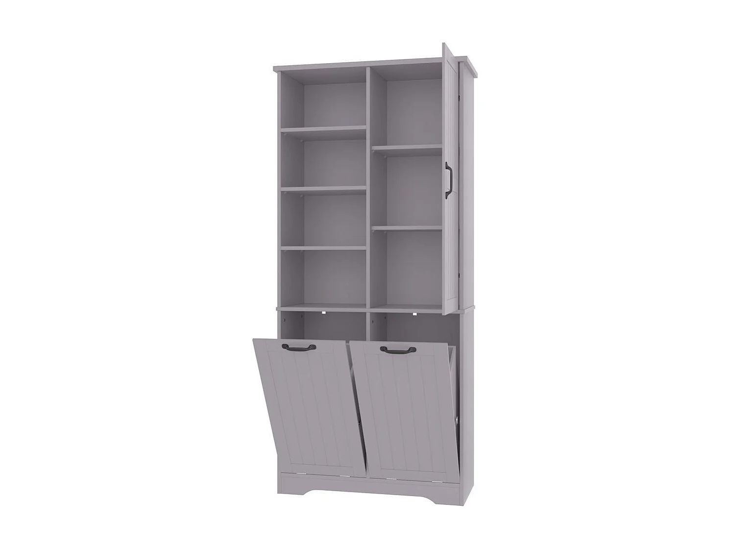 Colonne salle de bain peinture hydrofuge double panier linge quatre casiers ouverts une porte trois casiers etageres reglables grand rangement gris