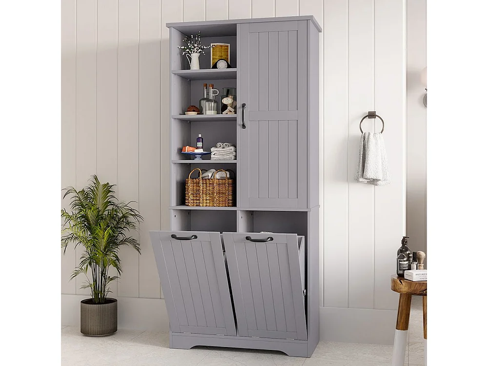 Colonne salle de bain peinture hydrofuge double panier linge quatre casiers ouverts une porte trois casiers etageres reglables grand rangement gris