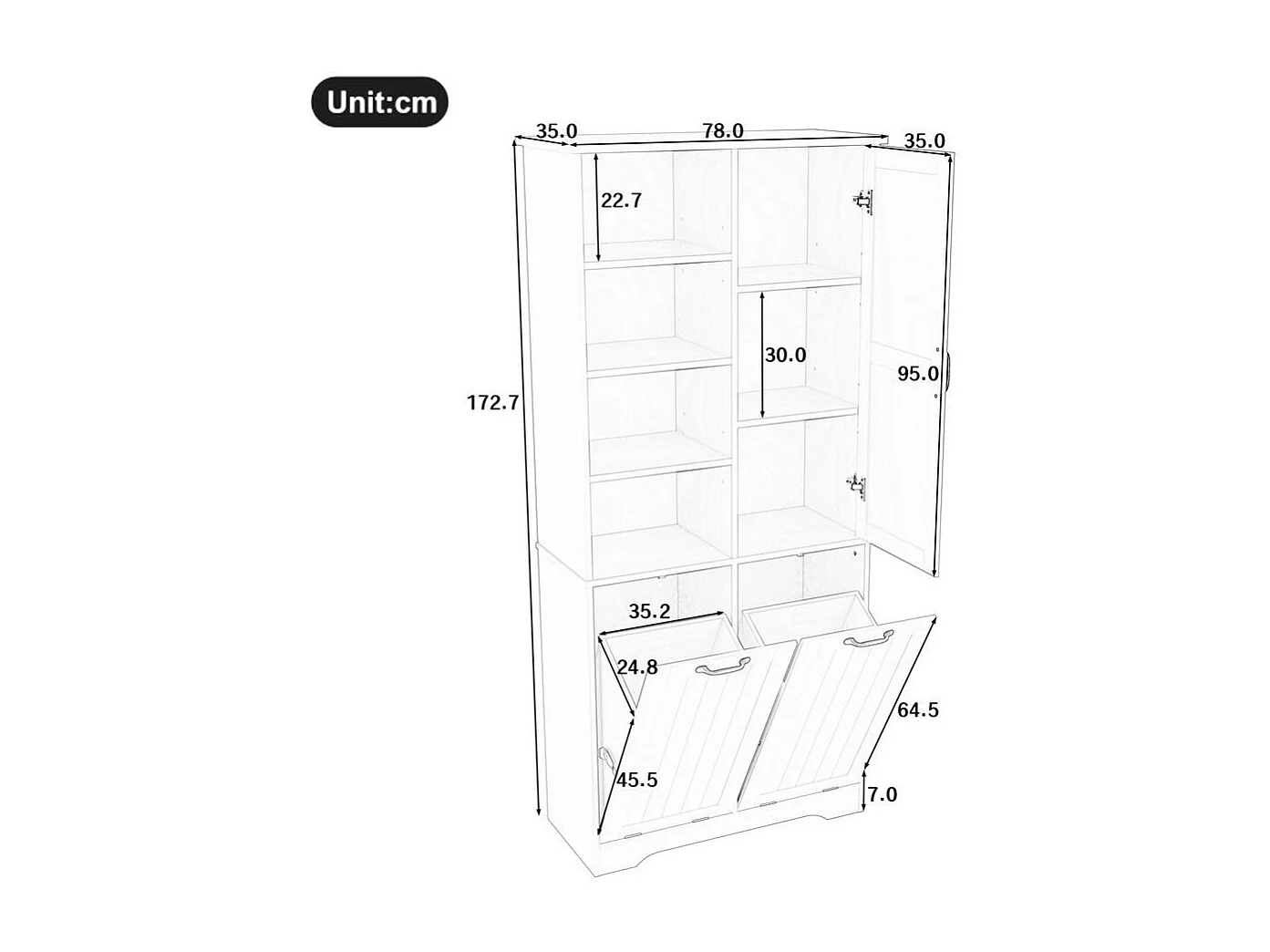 Colonne salle de bain peinture hydrofuge double panier linge quatre casiers ouverts une porte trois casiers etageres reglables grand rangement gris