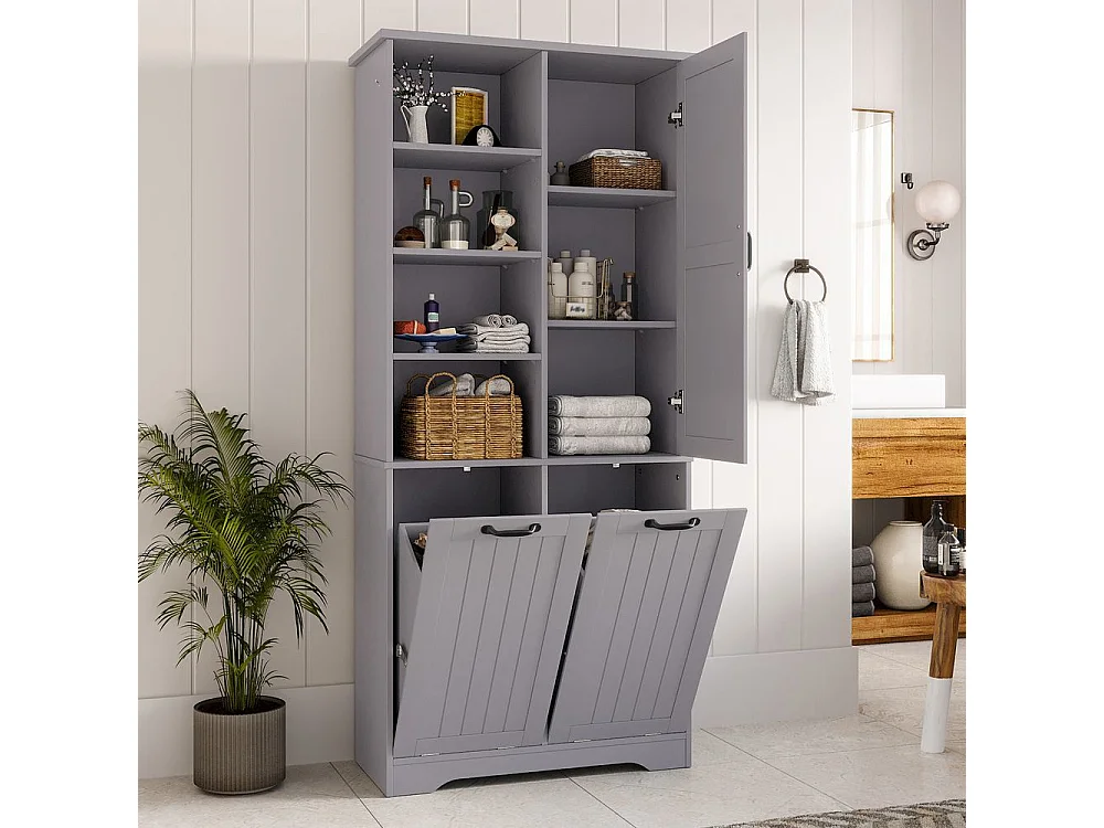 Colonne salle de bain peinture hydrofuge double panier linge quatre casiers ouverts une porte trois casiers etageres reglables grand rangement gris