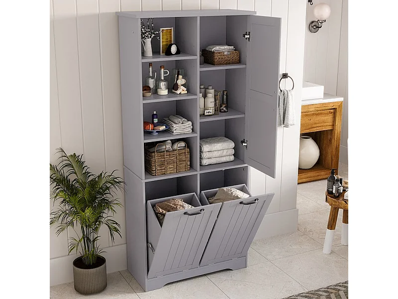 Colonne salle de bain peinture hydrofuge double panier linge quatre casiers ouverts une porte trois casiers etageres reglables grand rangement gris