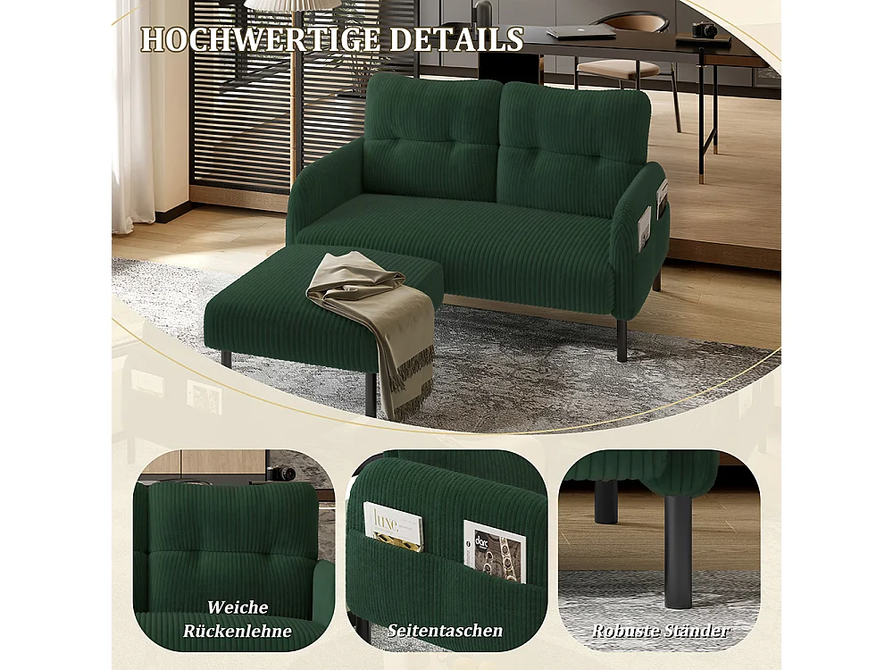 Tweepersoonsbank corduroy comfortabele vulling hoge rugleuning zijvakken metalen poten kantoor huis smaragdgroen