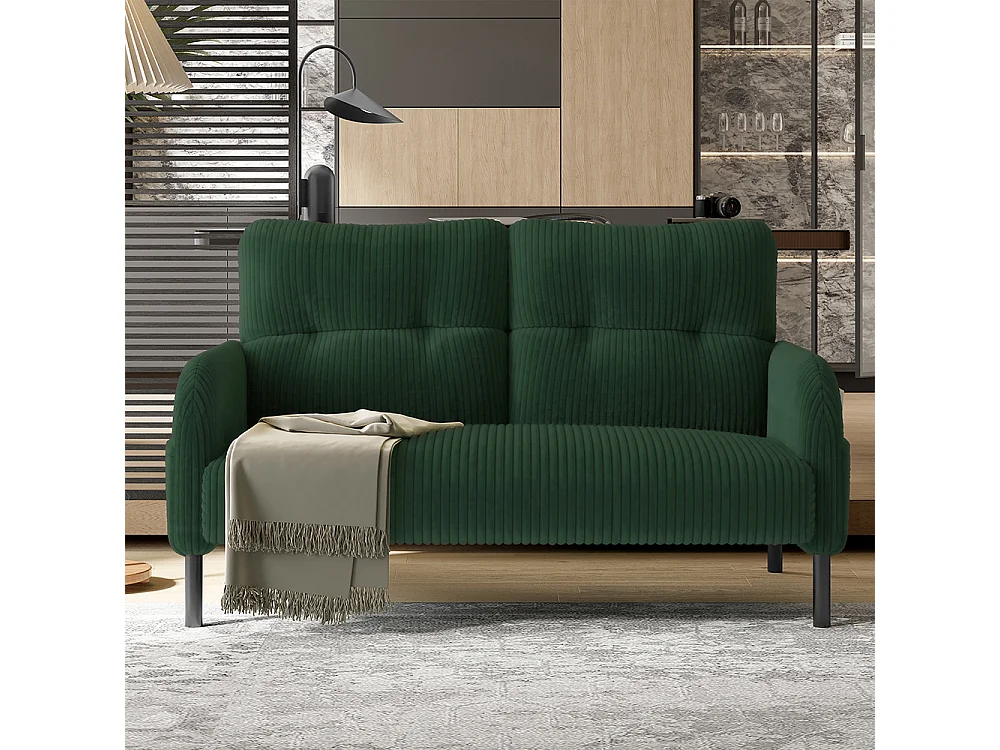 Tweepersoonsbank corduroy comfortabele vulling hoge rugleuning zijvakken metalen poten kantoor huis smaragdgroen