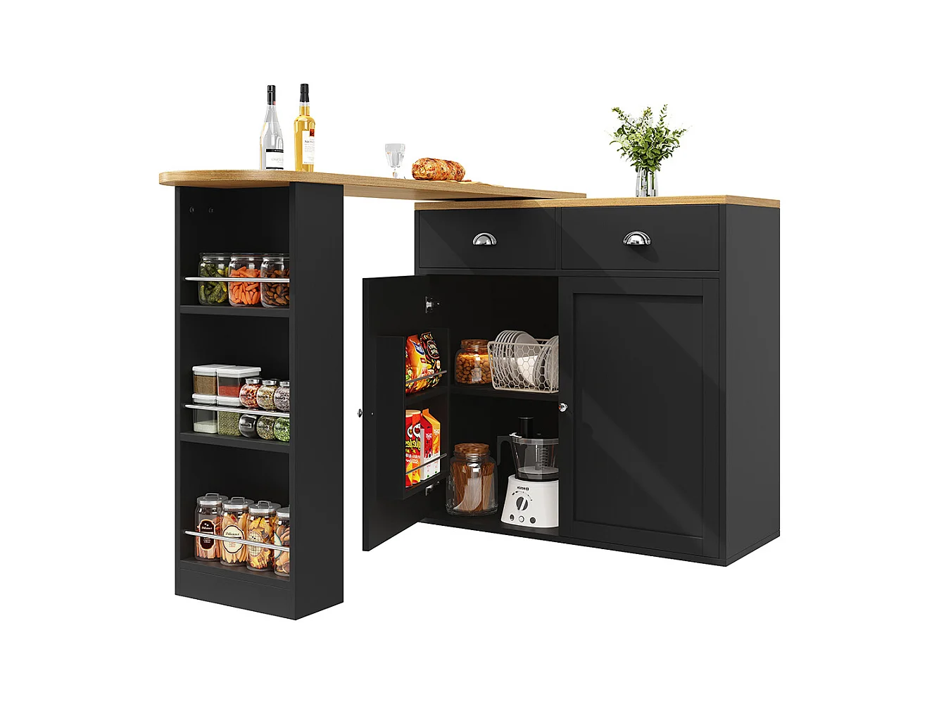 Buffet de cuisine pivotant 360° multifonctionnel 2 tiroirs 2 portes étagères latérales noir