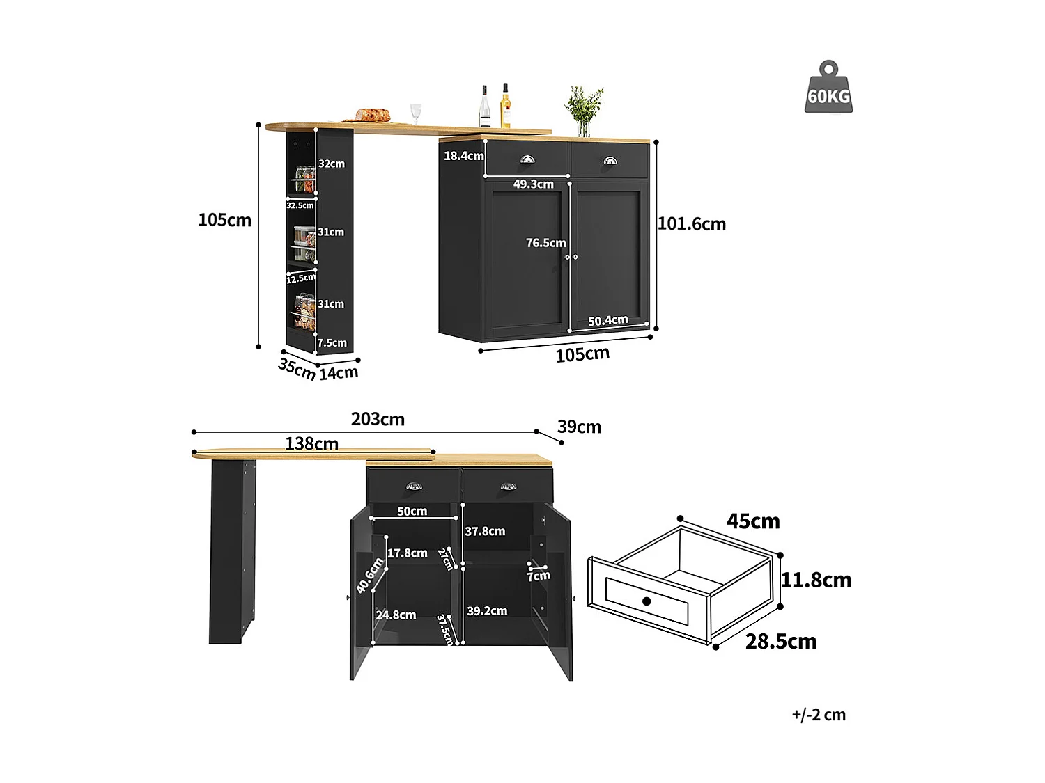 Buffet de cuisine pivotant 360° multifonctionnel 2 tiroirs 2 portes étagères latérales noir