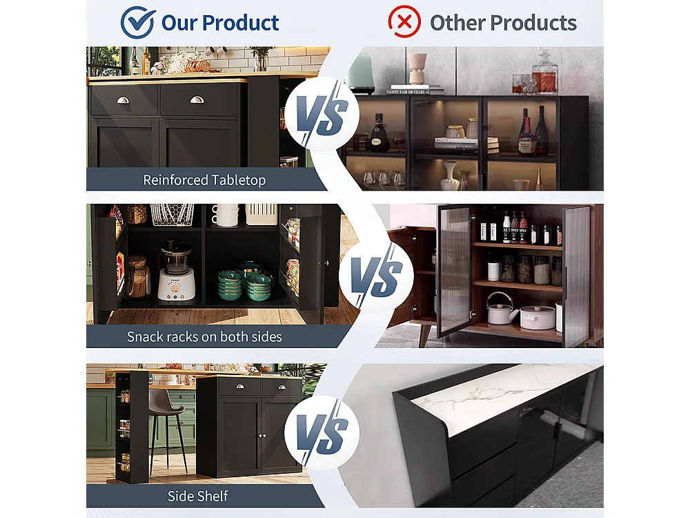 Buffet de cuisine pivotant 360° multifonctionnel 2 tiroirs 2 portes étagères latérales noir