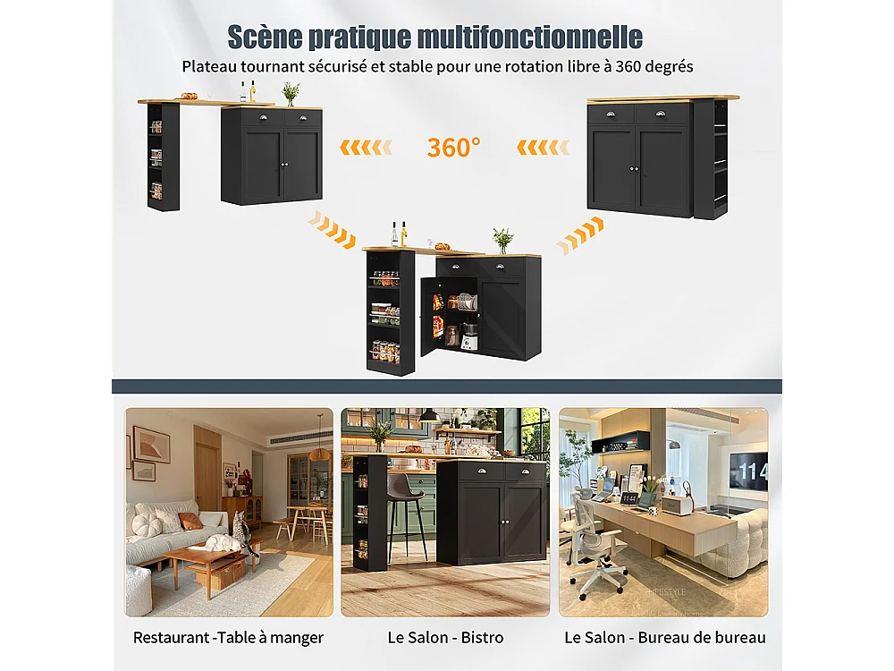 Buffet de cuisine pivotant 360° multifonctionnel 2 tiroirs 2 portes étagères latérales noir