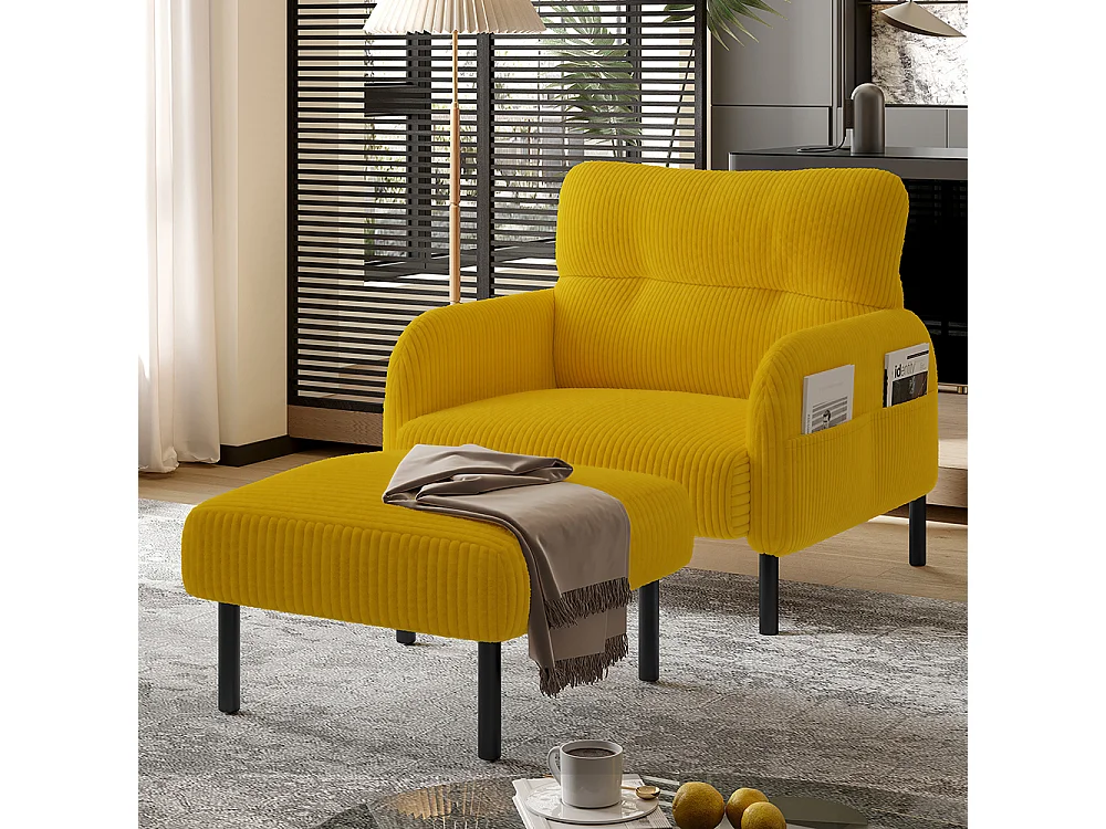 Comfortabele fluwelen fauteuil met armleuningen zijvakken stevige structuur meerdere delen woonkamer slaapkamer kantoor geel