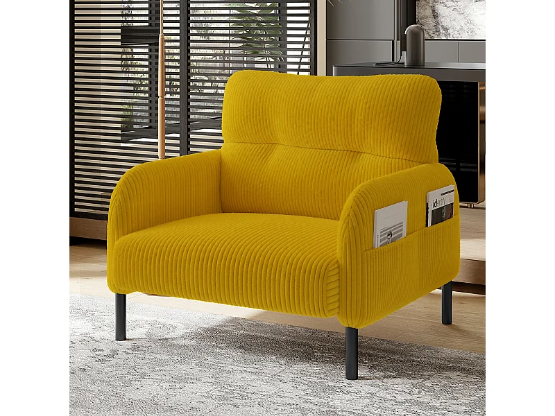Fauteuil velours confortable accoudoirs poches latérales structure solide multipièce salon chambre bureau jaune