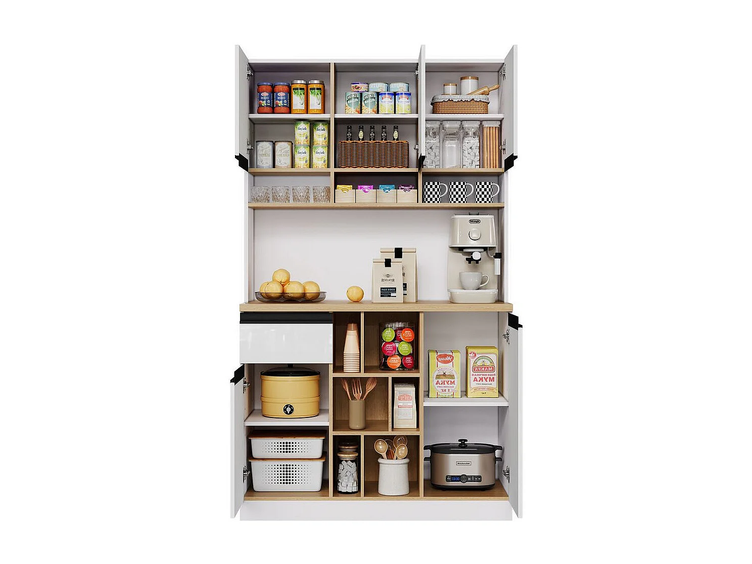 Buffet de cuisine blanc sideboard portes brillantes poignées métalliques étagères réglables tiroirs espace rangement ouvert protection antibasculement