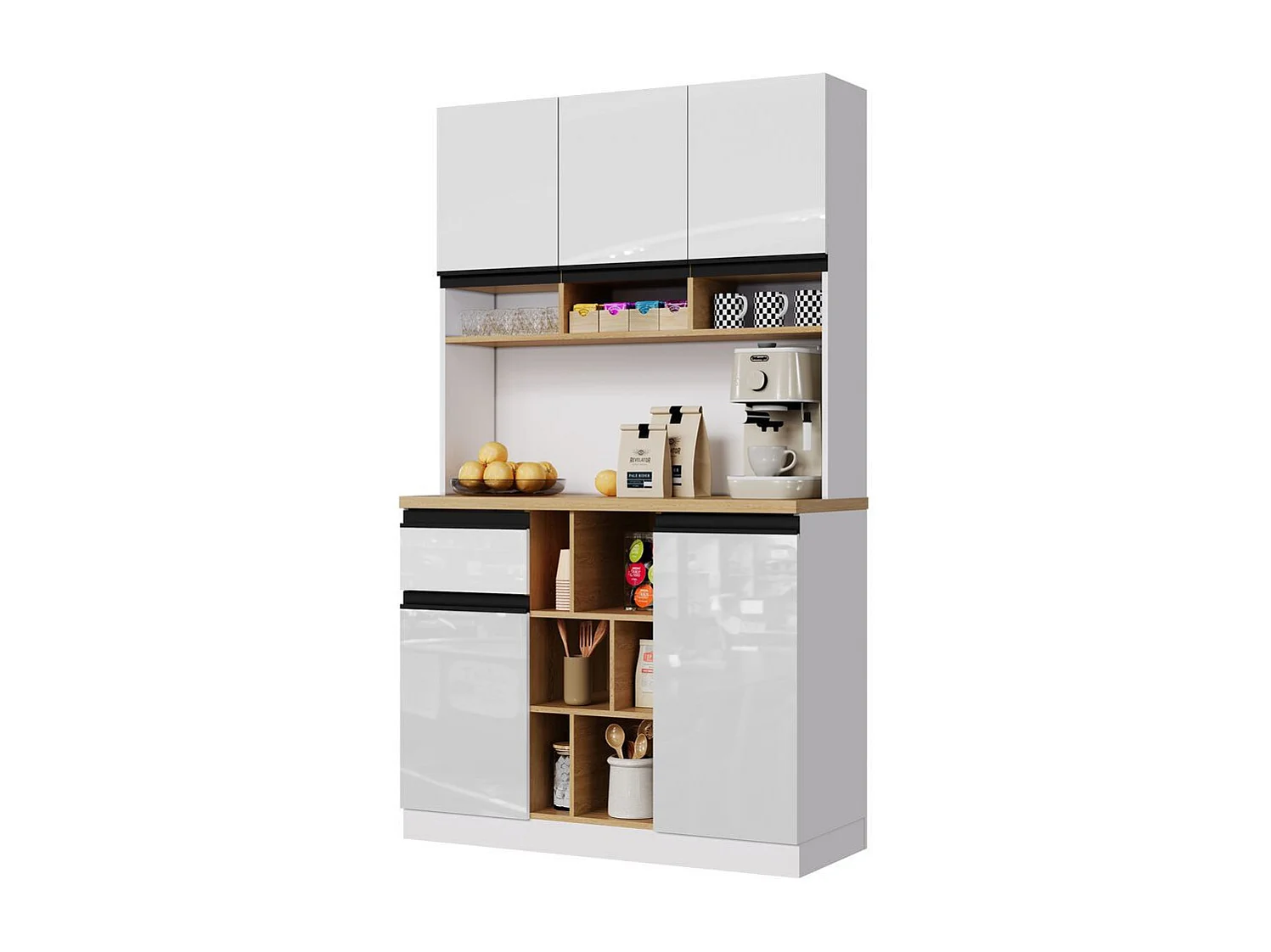 Buffet de cuisine blanc sideboard portes brillantes poignées métalliques étagères réglables tiroirs espace rangement ouvert protection antibasculement