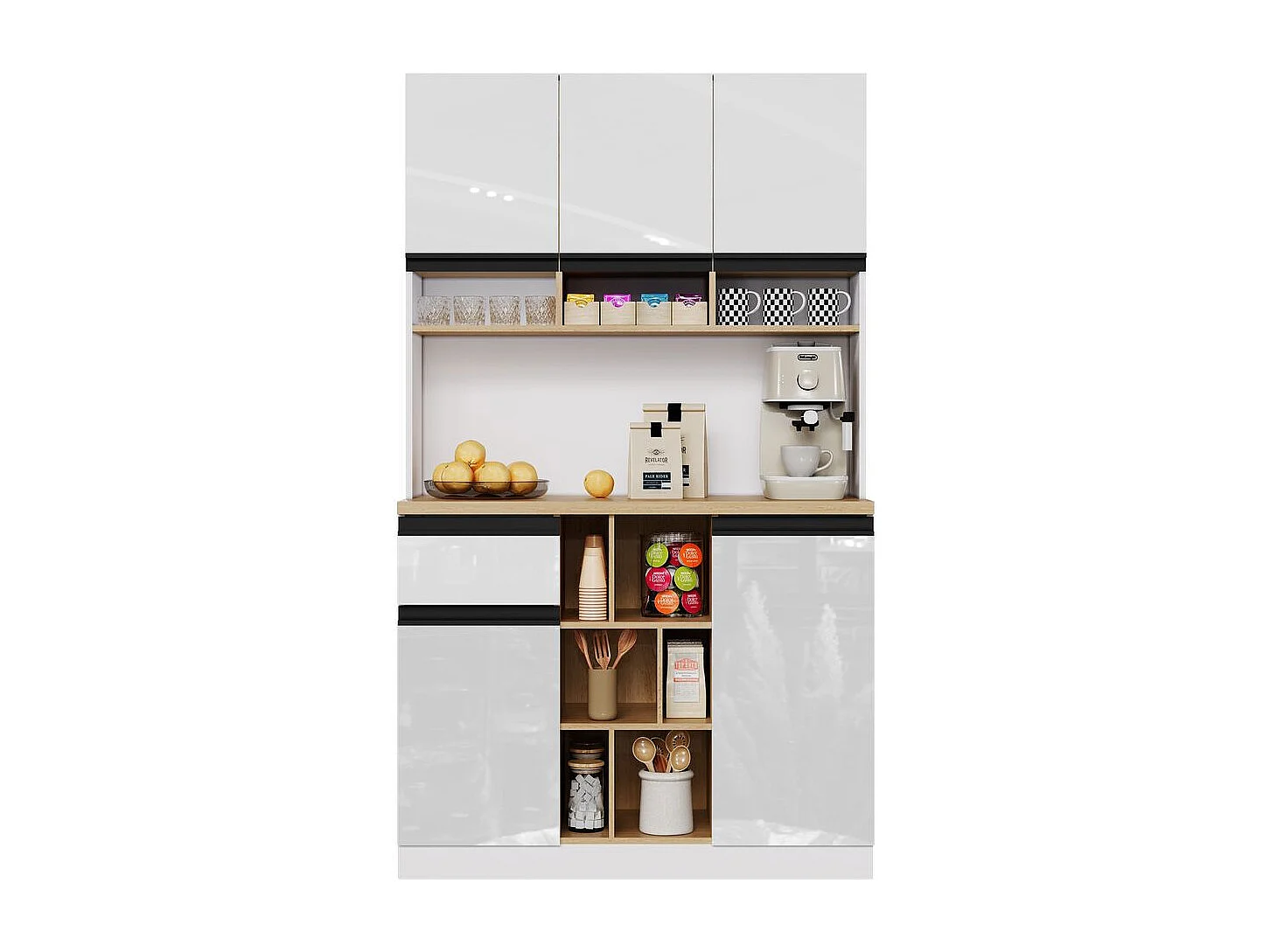 Buffet de cuisine blanc sideboard portes brillantes poignées métalliques étagères réglables tiroirs espace rangement ouvert protection antibasculement