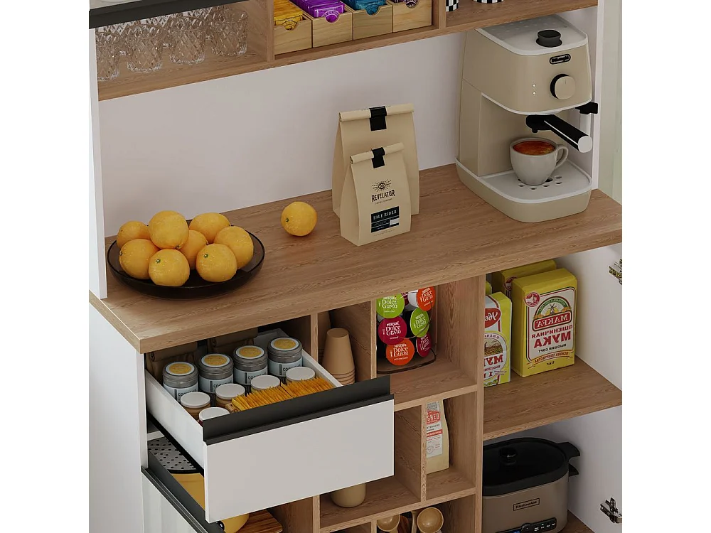 Buffet de cuisine blanc sideboard portes brillantes poignées métalliques étagères réglables tiroirs espace rangement ouvert protection antibasculement