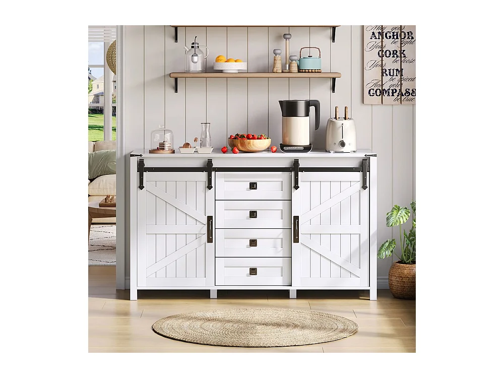Buffet de cuisine espace rangement armoire latérale portes coulissantes 4 tiroirs vintage blanc adapté cuisine salle à manger salon
