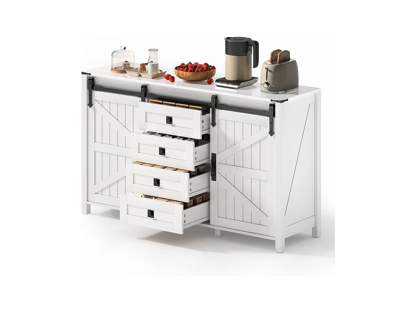 Buffet de cuisine espace rangement armoire latérale portes coulissantes 4 tiroirs vintage blanc adapté cuisine salle à manger salon