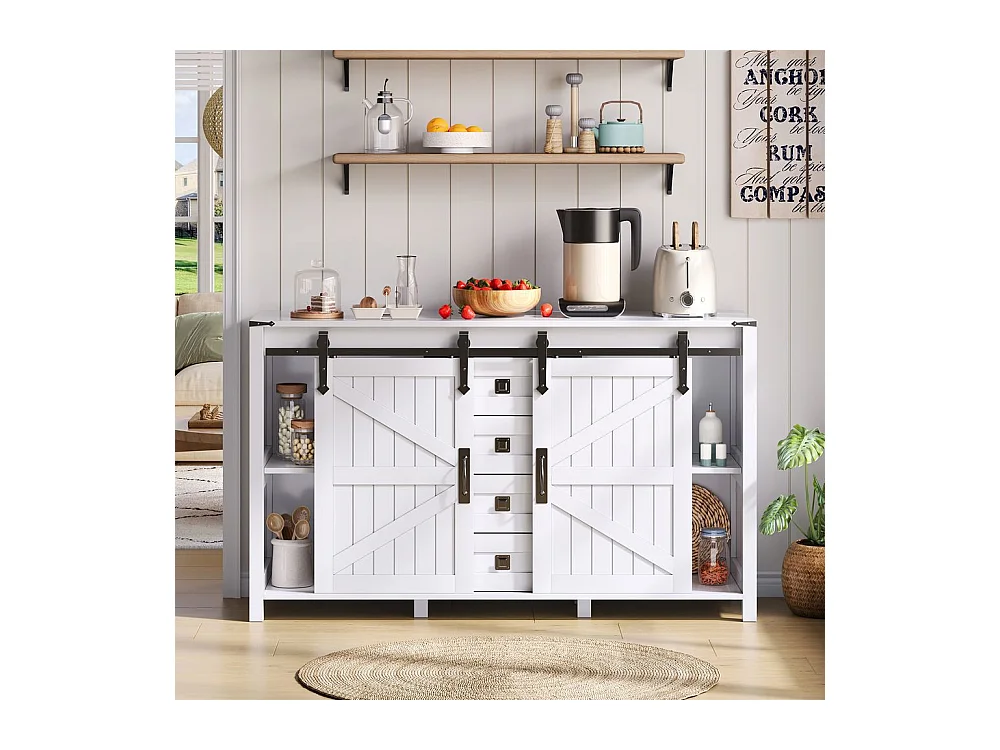 Buffet de cuisine espace rangement armoire latérale portes coulissantes 4 tiroirs vintage blanc adapté cuisine salle à manger salon