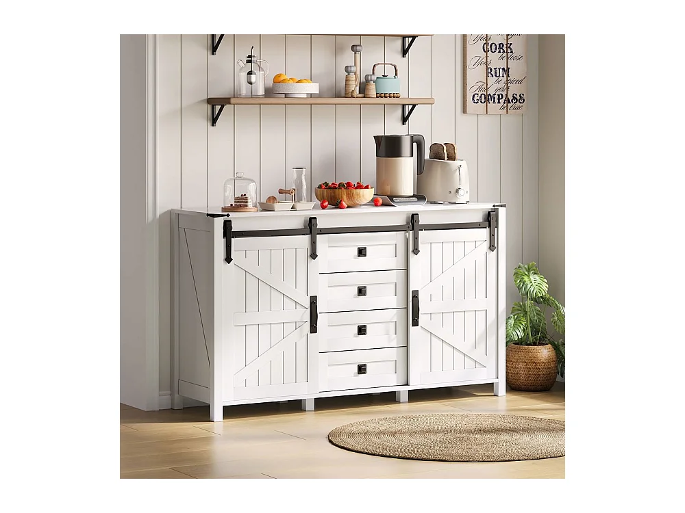 Buffet de cuisine espace rangement armoire latérale portes coulissantes 4 tiroirs vintage blanc adapté cuisine salle à manger salon