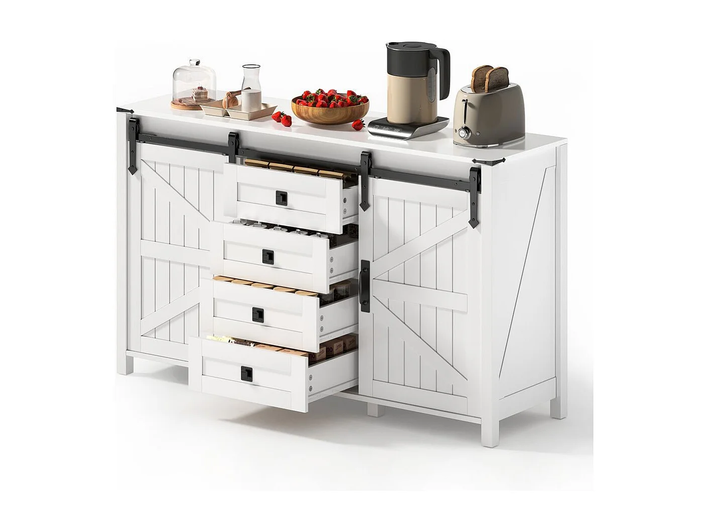 Buffet de cuisine espace rangement armoire latérale portes coulissantes 4 tiroirs vintage blanc adapté cuisine salle à manger salon