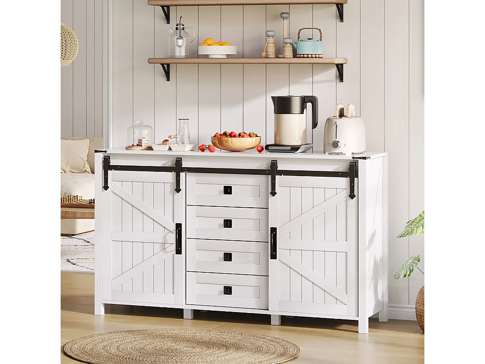 Buffet de cuisine espace rangement armoire latérale portes coulissantes 4 tiroirs vintage blanc adapté cuisine salle à manger salon