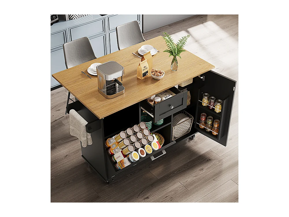 Buffet de cuisine moderne poubelles table à manger multifonctionnelle espace rangement chariot service étagères snacks armoires extensibles noir