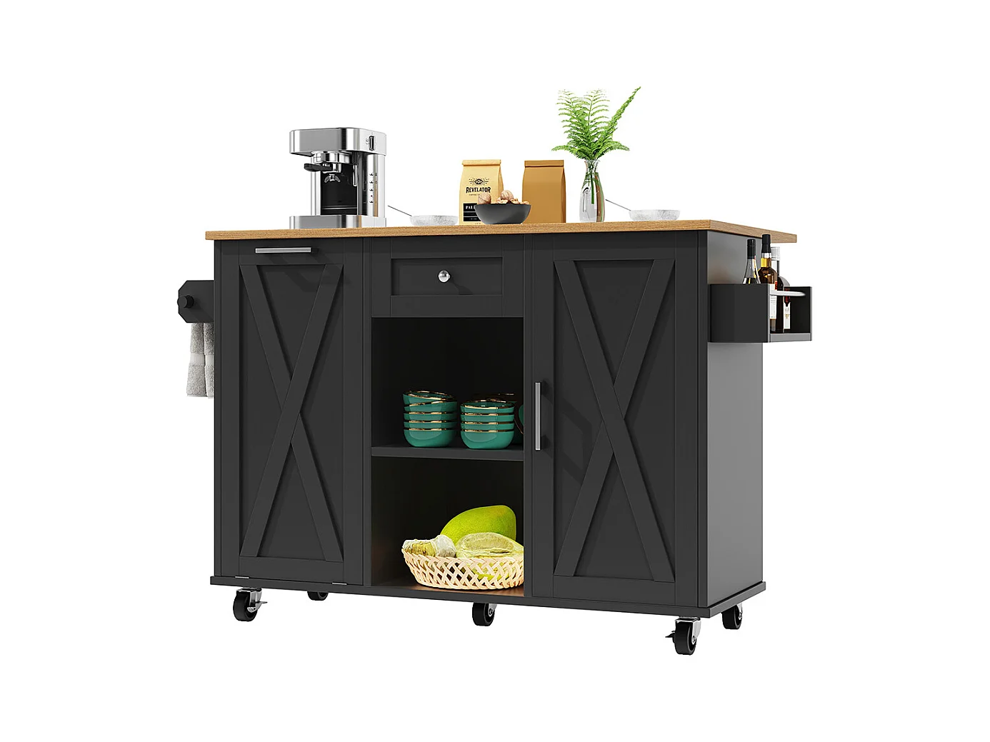 Buffet de cuisine moderne poubelles table à manger multifonctionnelle espace rangement chariot service étagères snacks armoires extensibles noir