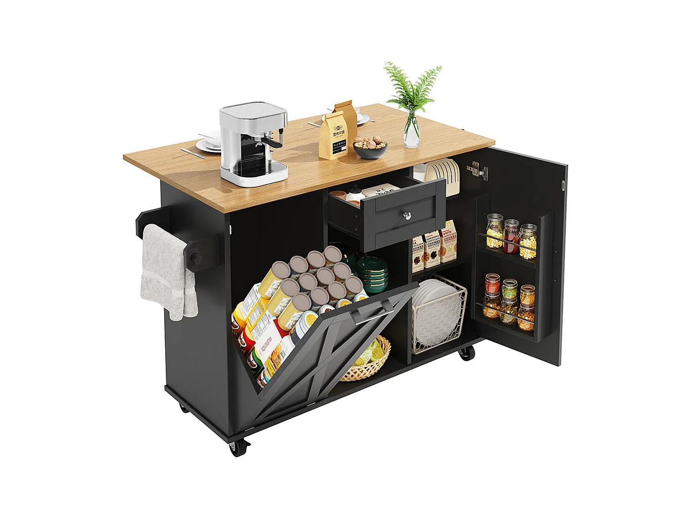 Buffet de cuisine moderne poubelles table à manger multifonctionnelle espace rangement chariot service étagères snacks armoires extensibles noir