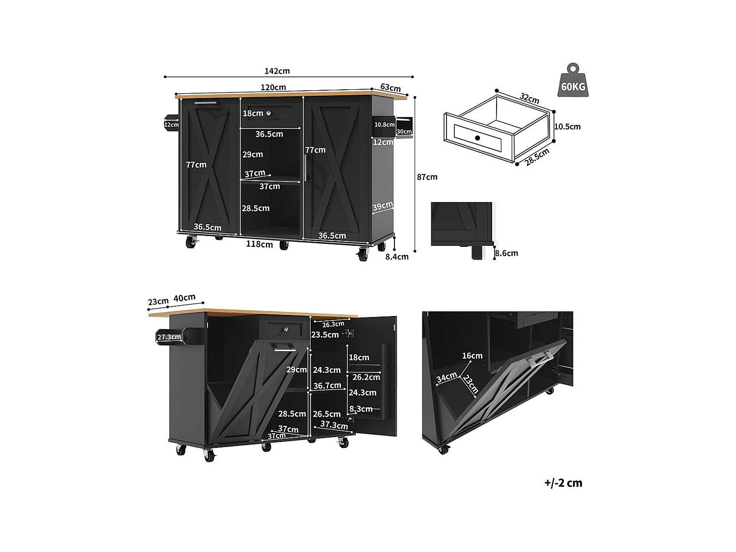 Buffet de cuisine moderne poubelles table à manger multifonctionnelle espace rangement chariot service étagères snacks armoires extensibles noir
