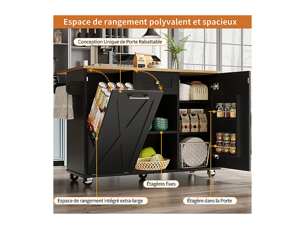 Buffet de cuisine moderne poubelles table à manger multifonctionnelle espace rangement chariot service étagères snacks armoires extensibles noir
