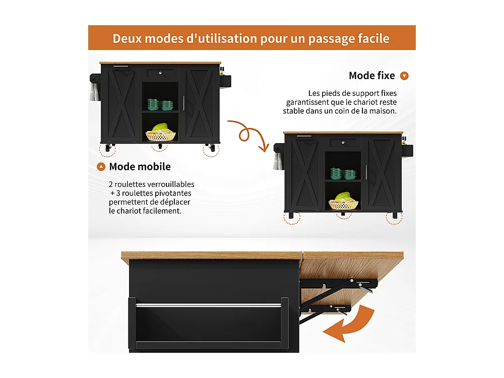 Buffet de cuisine moderne poubelles table à manger multifonctionnelle espace rangement chariot service étagères snacks armoires extensibles noir
