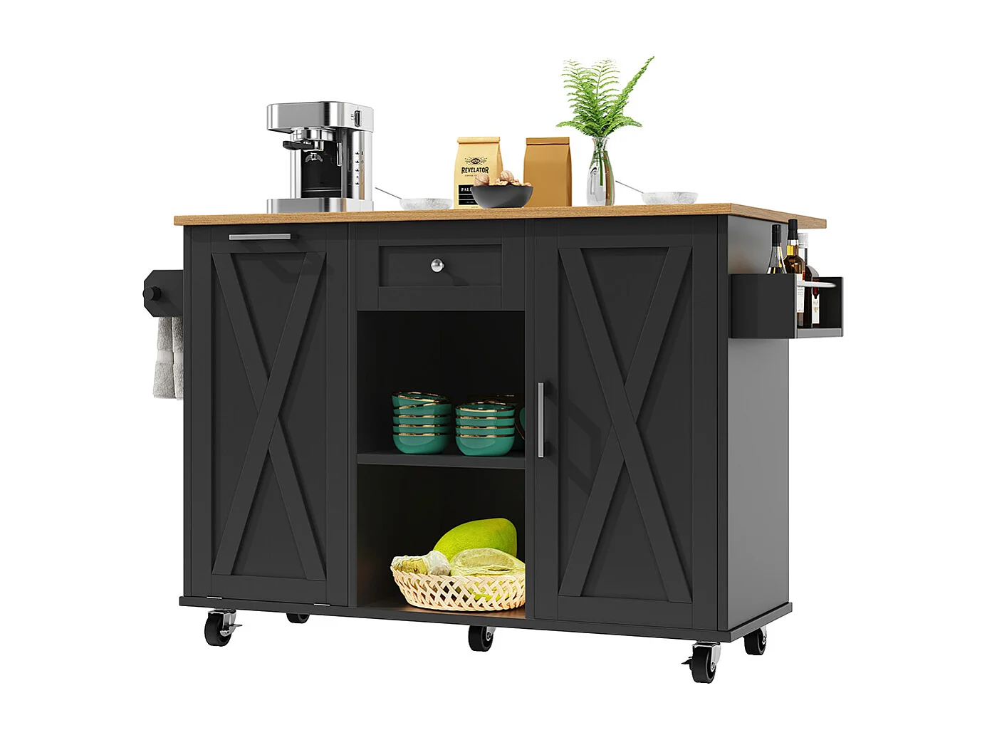 Buffet de cuisine moderne poubelles table à manger multifonctionnelle espace rangement chariot service étagères snacks armoires extensibles noir