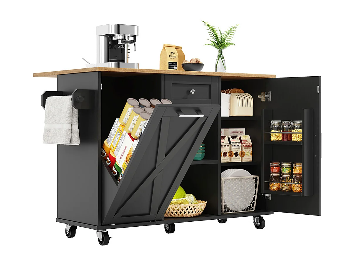 Buffet de cuisine moderne poubelles table à manger multifonctionnelle espace rangement chariot service étagères snacks armoires extensibles noir