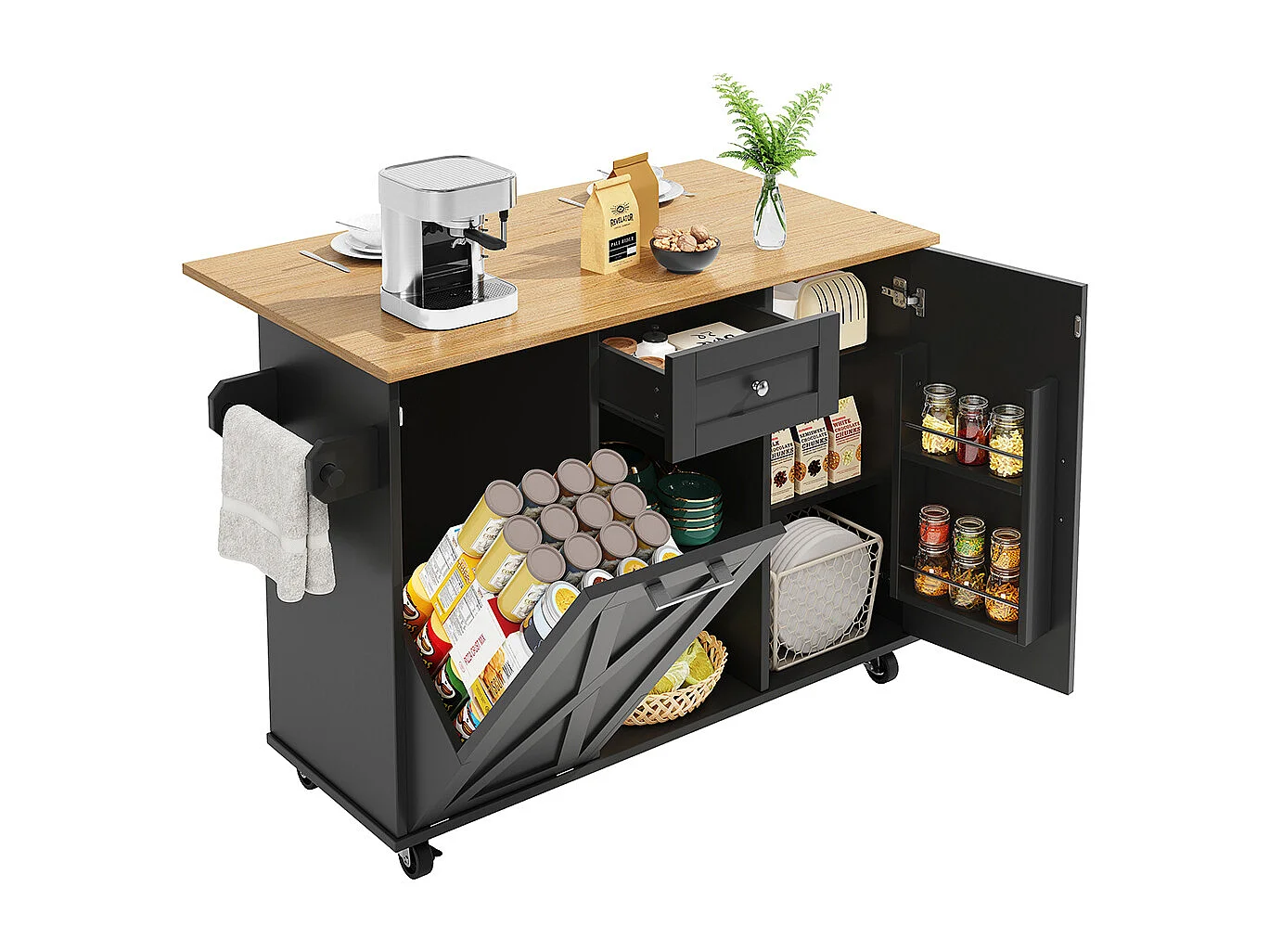 Buffet de cuisine moderne poubelles table à manger multifonctionnelle espace rangement chariot service étagères snacks armoires extensibles noir