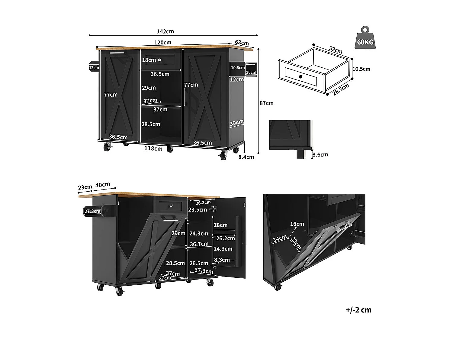 Buffet de cuisine moderne poubelles table à manger multifonctionnelle espace rangement chariot service étagères snacks armoires extensibles noir