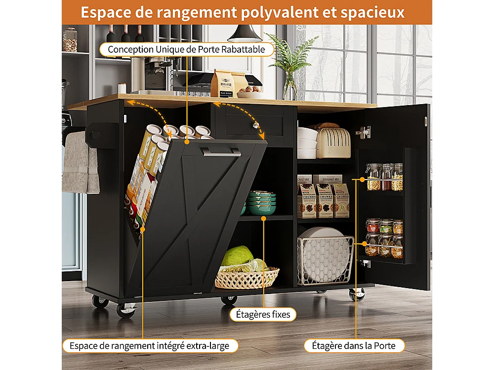 Buffet de cuisine moderne poubelles table à manger multifonctionnelle espace rangement chariot service étagères snacks armoires extensibles noir