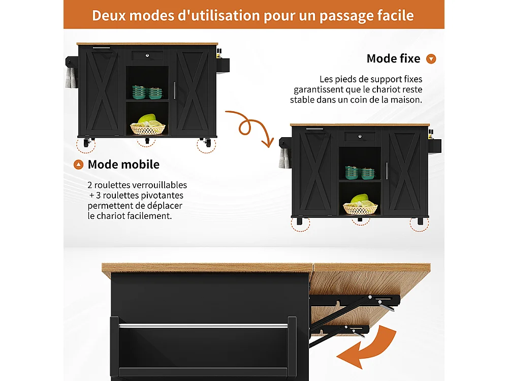 Buffet de cuisine moderne poubelles table à manger multifonctionnelle espace rangement chariot service étagères snacks armoires extensibles noir