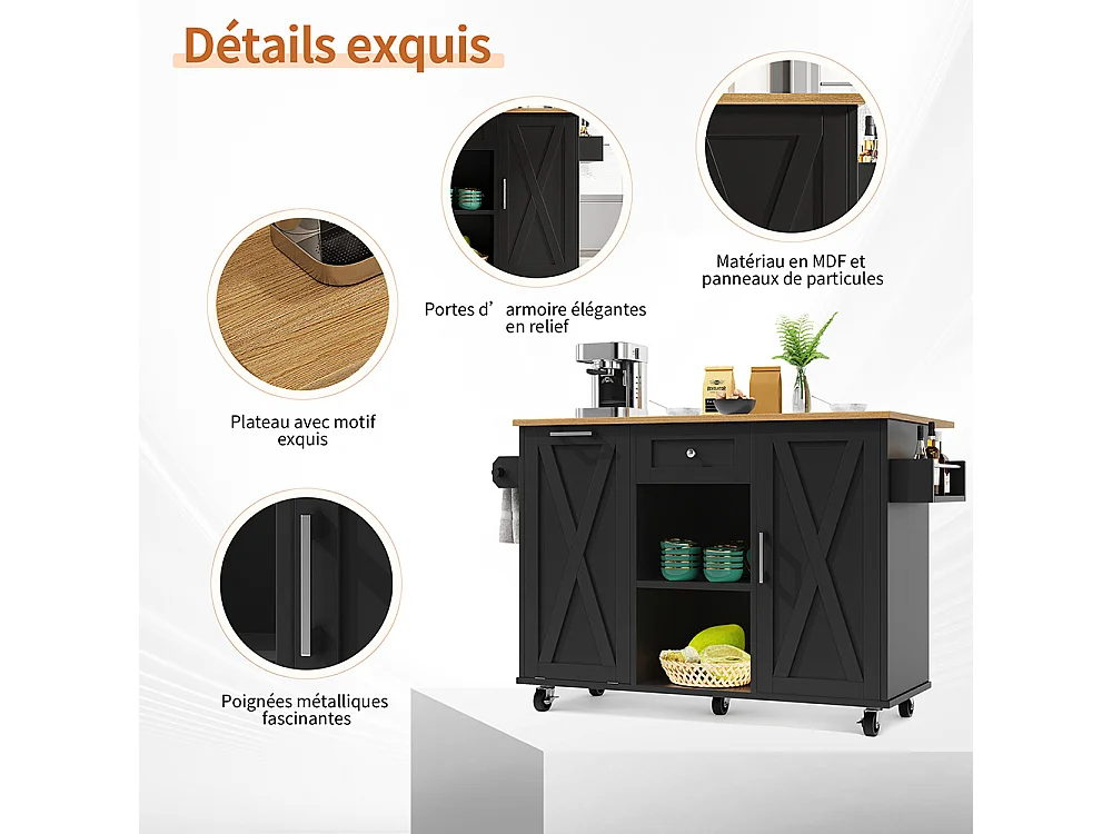 Buffet de cuisine moderne poubelles table à manger multifonctionnelle espace rangement chariot service étagères snacks armoires extensibles noir