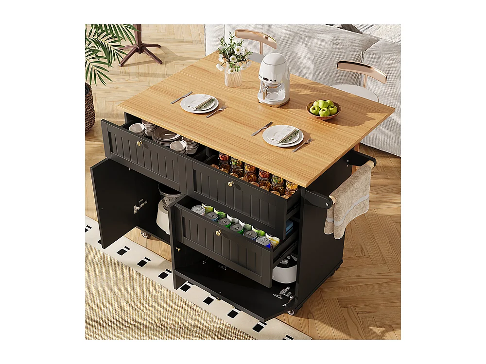 Buffet de cuisine îlot de cuisine moderne veinures bois table à manger multifonctionnelle espace rangement chariot armoires extensibles noir